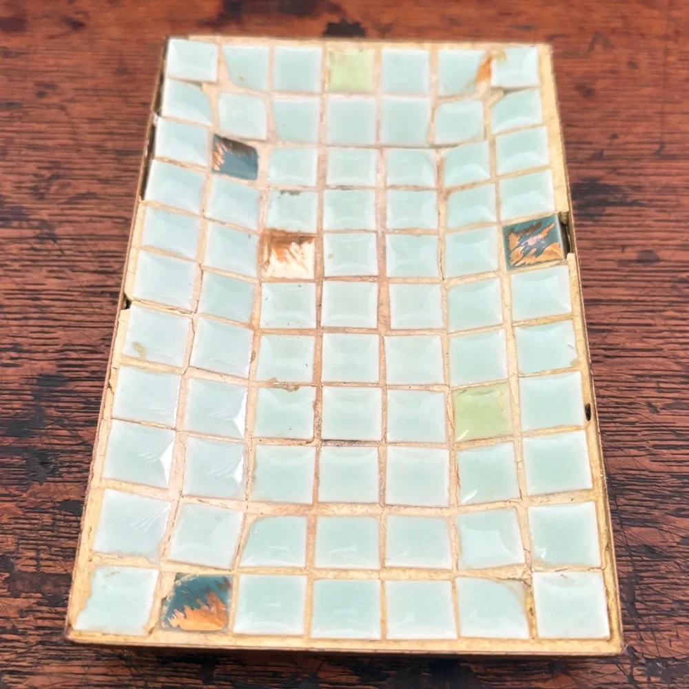 Mid-Century Aqua Mosaic Tile Trinket Tray with Gold-Tone Base